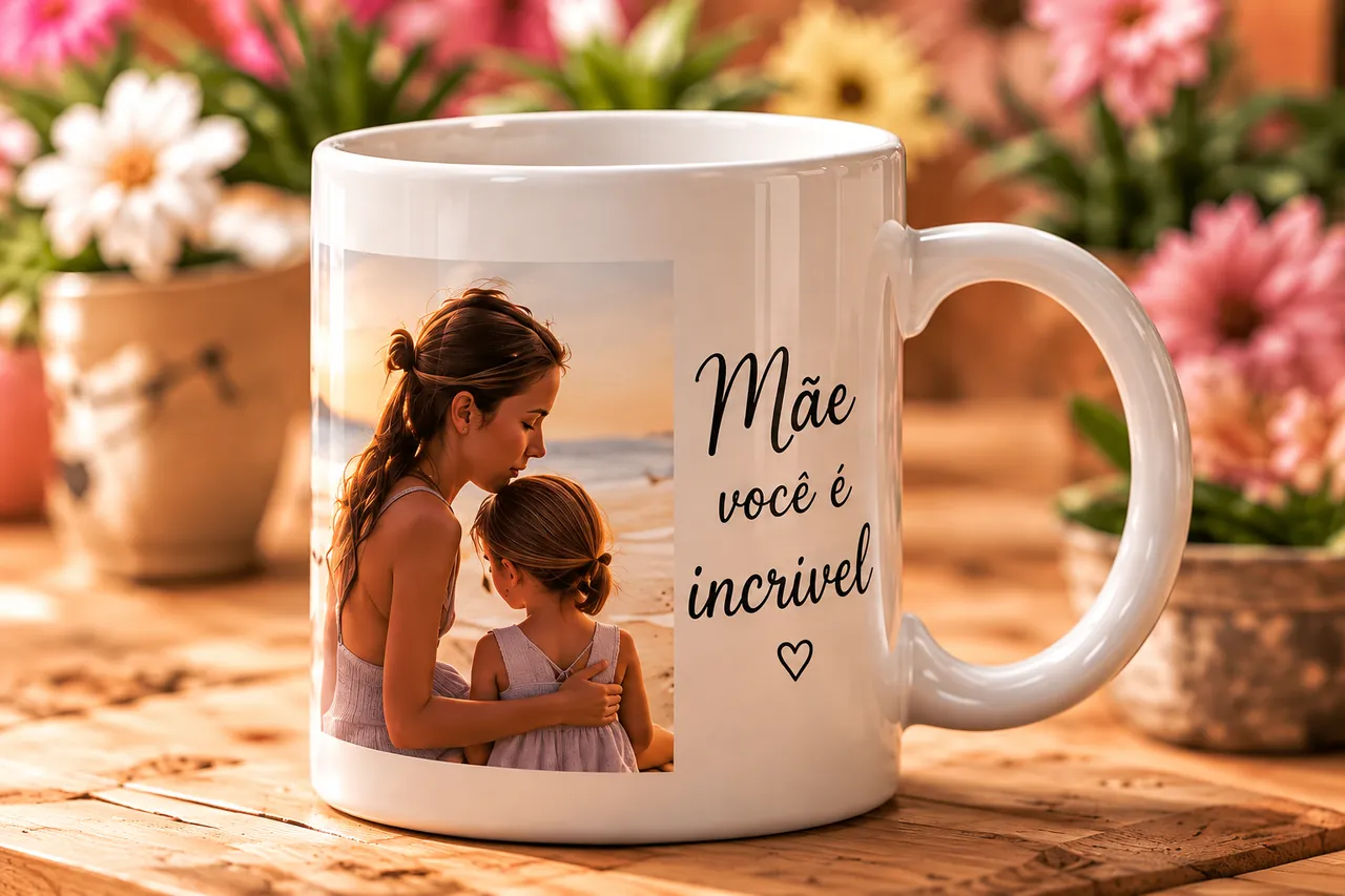 Caneca branca personalizada com a foto de uma mãe e uma filha na praia e a frase “Mãe, você é incrível”, sobre uma mesa de madeira com flores ao fundo.