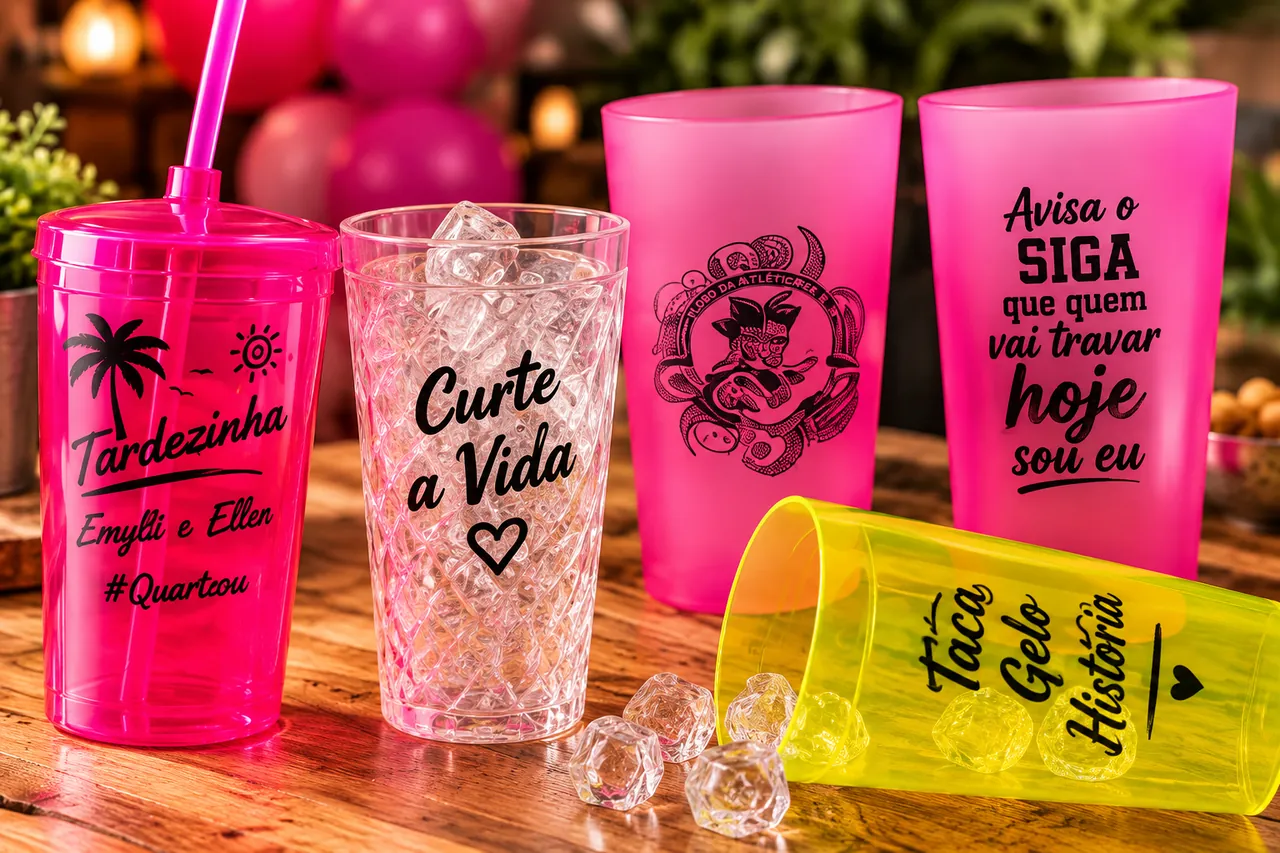 Copos de festa coloridos com personalização em preto: um copo rosa com canudo e a palavra “Tardezinha”, um copo de acrílico transparente com “Curte a Vida”, um copo rosa fosco com um desenho e um copo amarelo tombado com gelos.