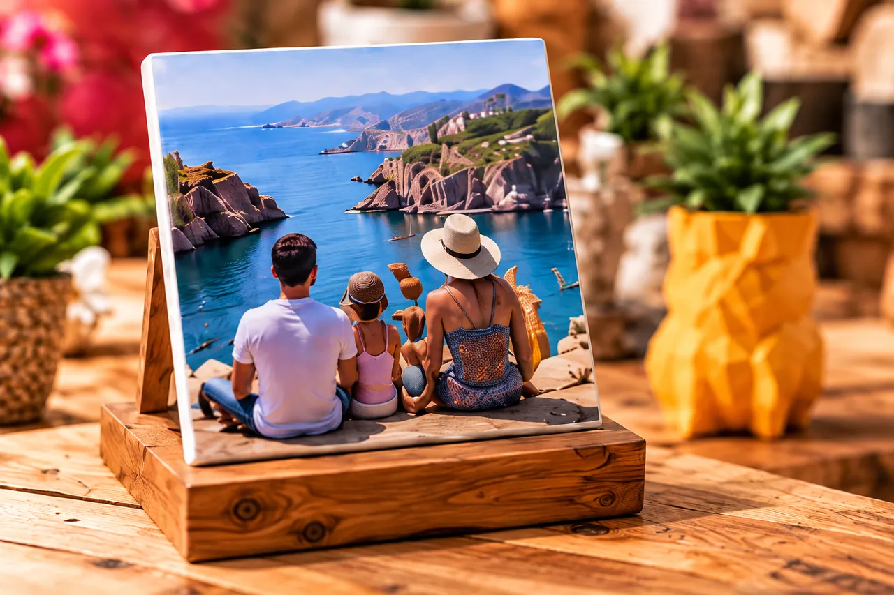 Azulejo personalizado com a foto de uma família sentada diante de uma baía, apoiado em um suporte de madeira sobre uma mesa rústica.