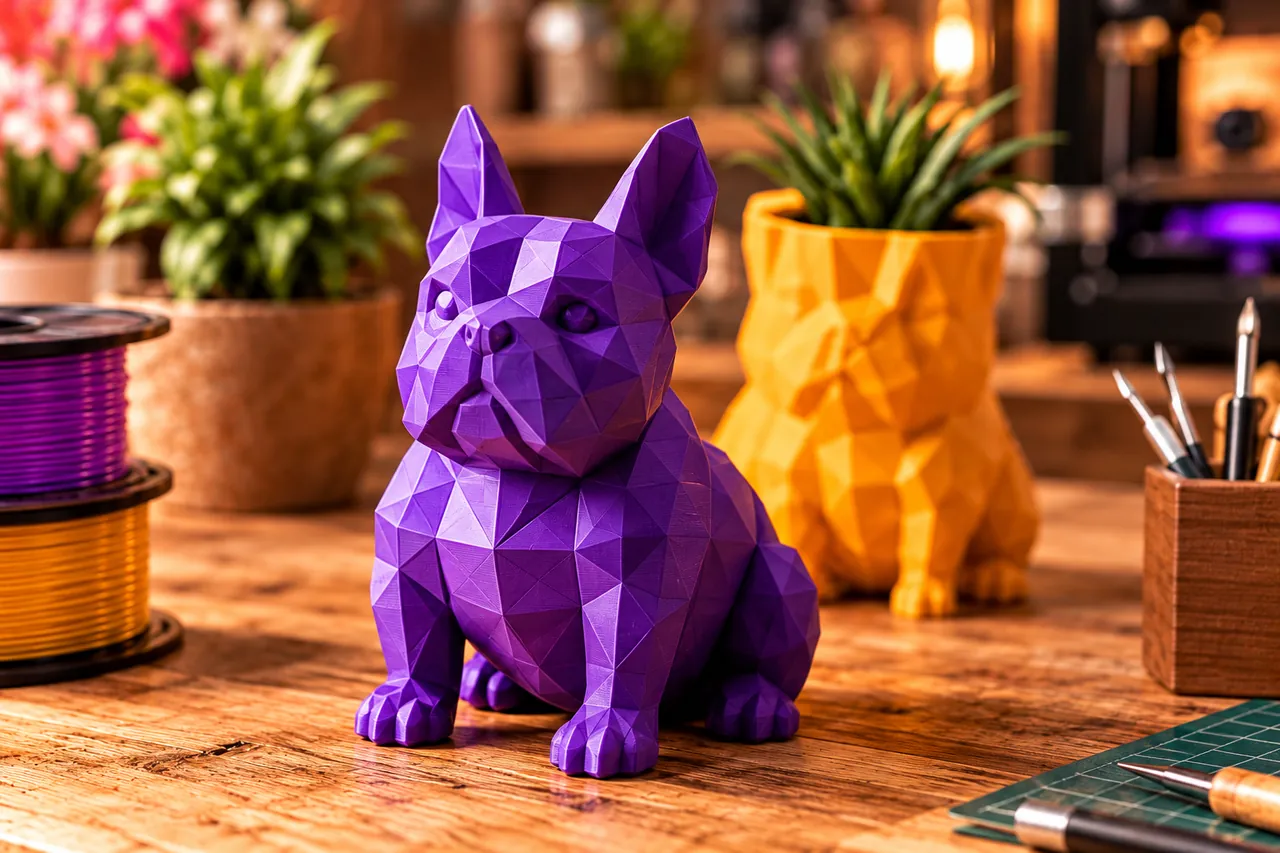 Um cachorro bulldog em formas geométricas roxas, impresso em 3D, ao lado de um vaso amarelo também impresso em 3D, com plantas e carretéis de filamento ao fundo.