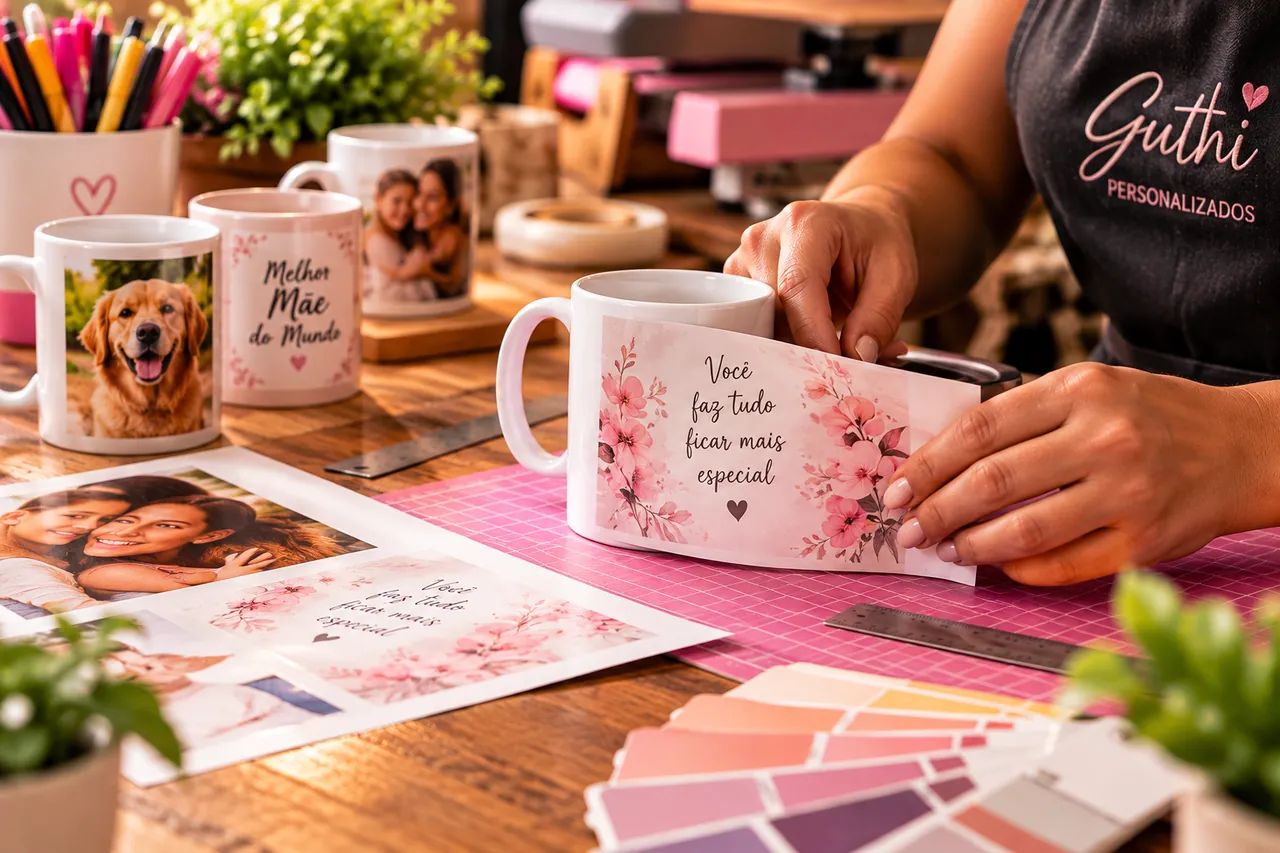 Uma profissional aplicando o papel de transferência com arte floral em uma caneca branca, sobre uma bancada rosa, com canecas já prontas, folhas impressas e uma cartela de cores ao fundo.