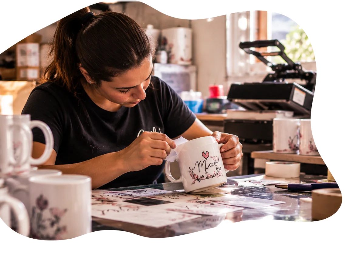 Ilustração de uma profissional aplicando o papel de transferência em uma caneca branca estampada com a palavra “Mãe” e um coração, em uma oficina com canecas empilhadas, uma prensa térmica e uma janela ao fundo.